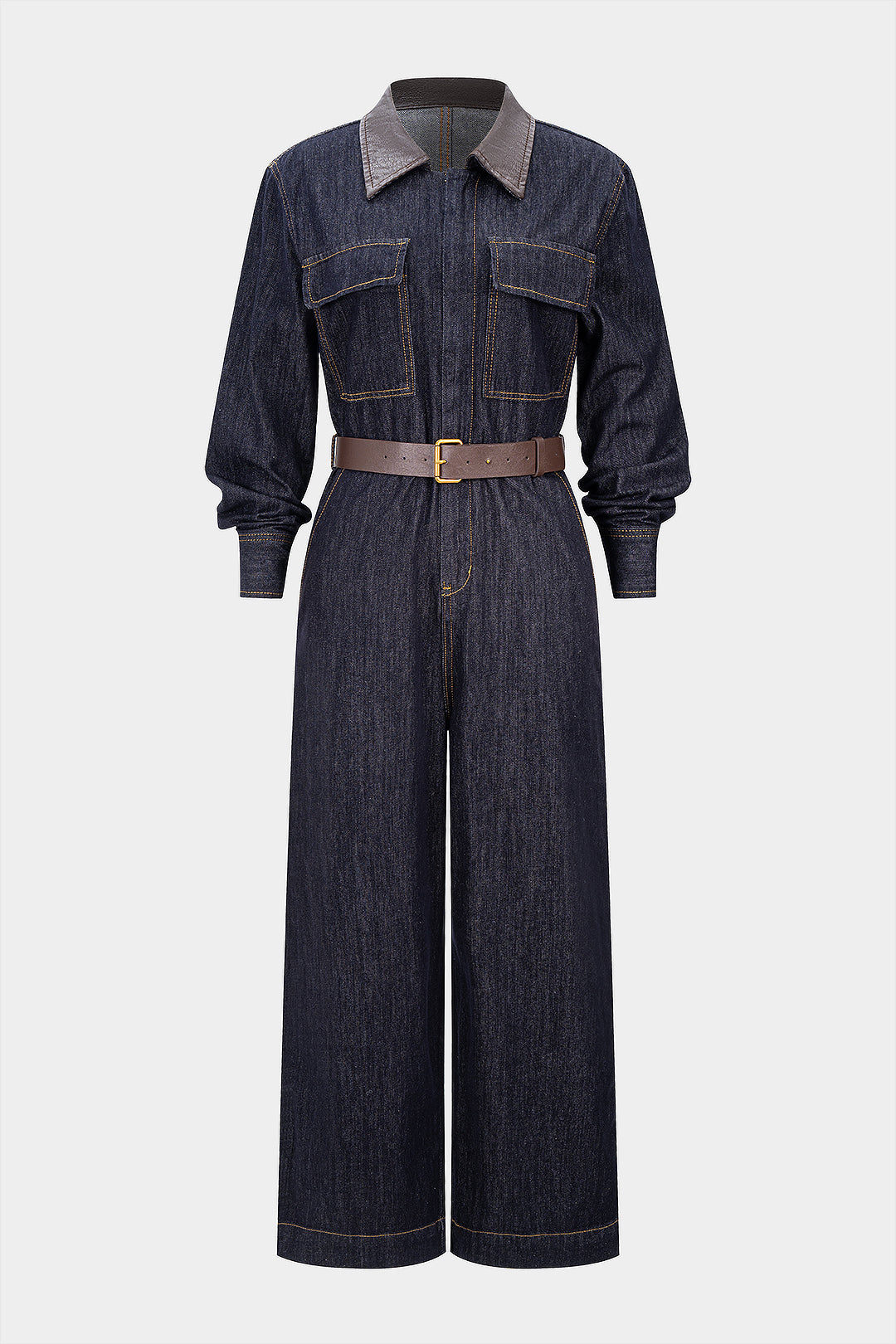 Denim leren-look jumpsuit met riem en lange mouwen