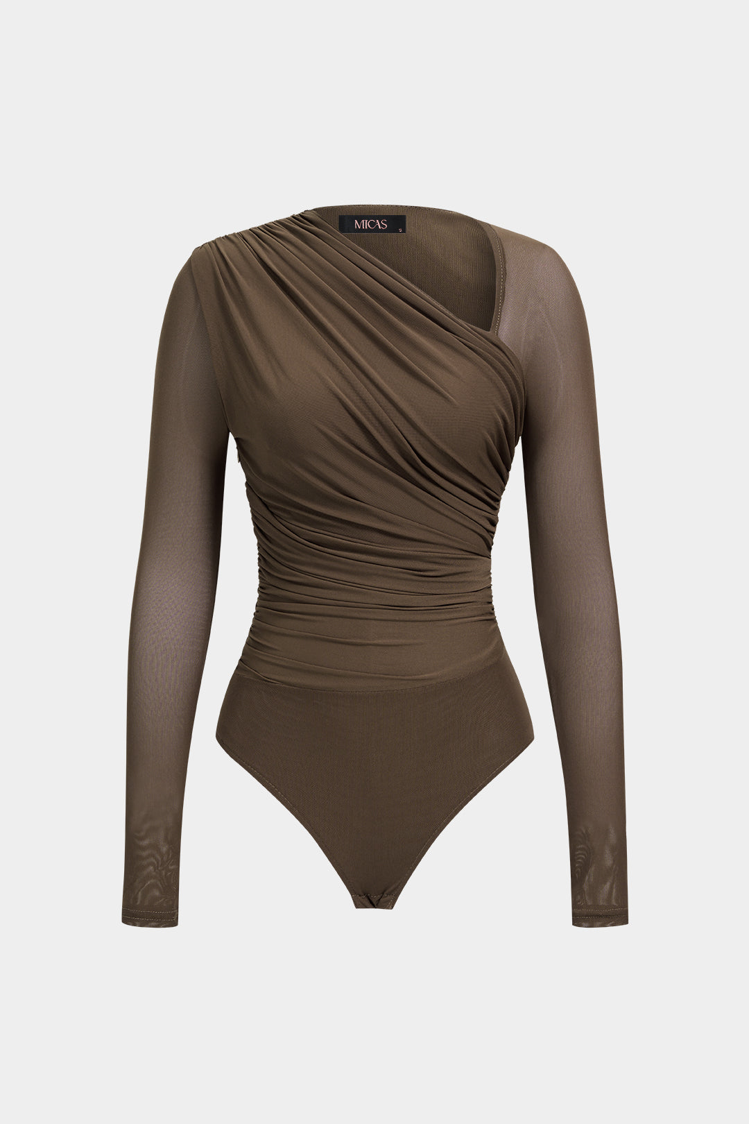Mesh asymmetrische body met ruches en lange mouwen