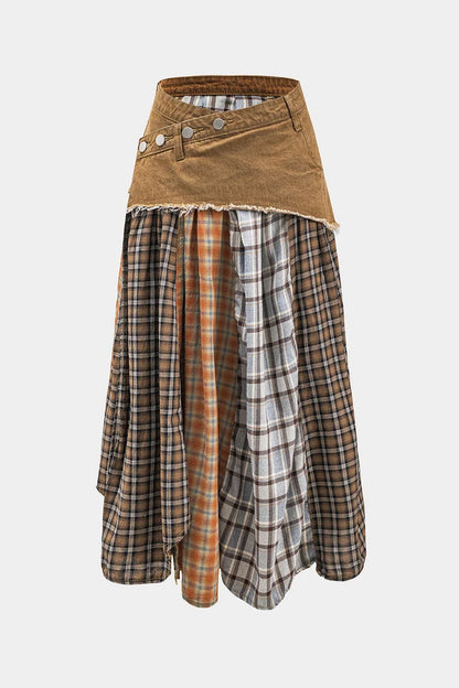 Asymmetrische rok van denim met kleurblokken en ruitprint
