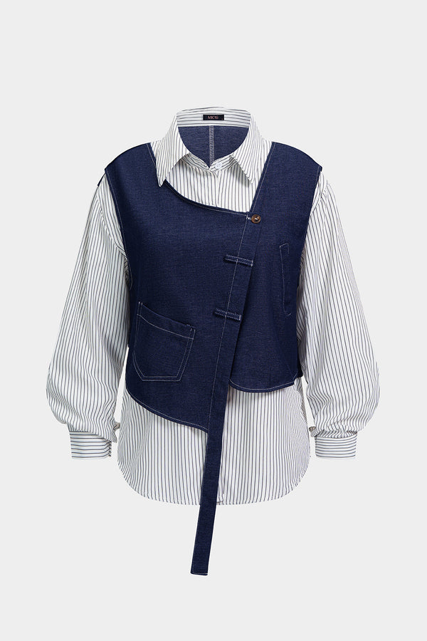 Denim patchwork blouse met lange mouwen