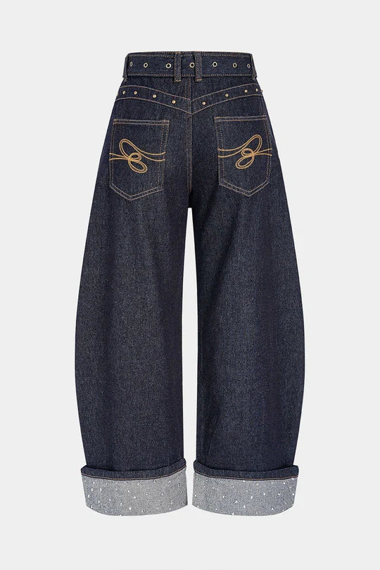 Denim Belted Rhinestone Wide Leg Jeans