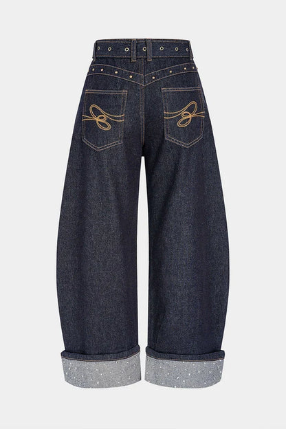 Denim Belted Rhinestone Wide Leg Jeans