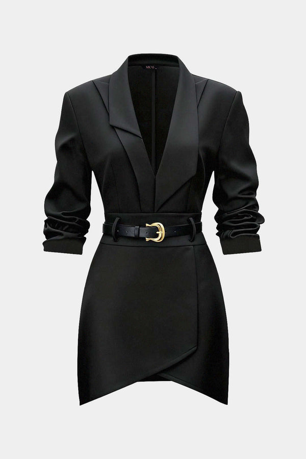 Asymmetrische minijurk met reverskraag, riem en lange mouwen
