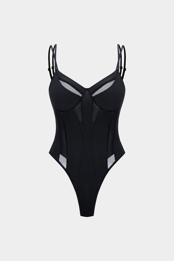 Patchwork mesh body met V-hals