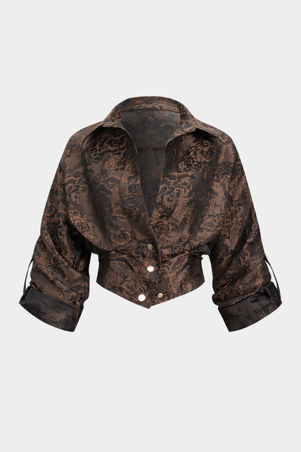 Bloemenprint jacquard blouse met smokwerk en lange mouwen