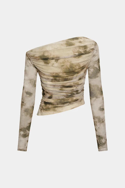 Abstract Print Mesh Off Shoulder Long-Sleeve Top