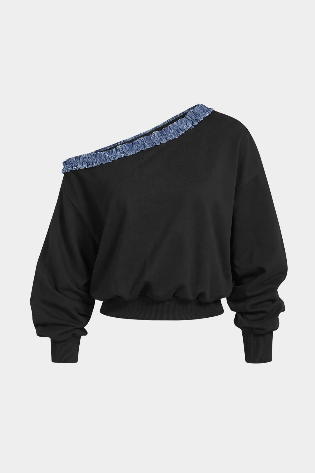 Patchwork denim sweater met één schouder