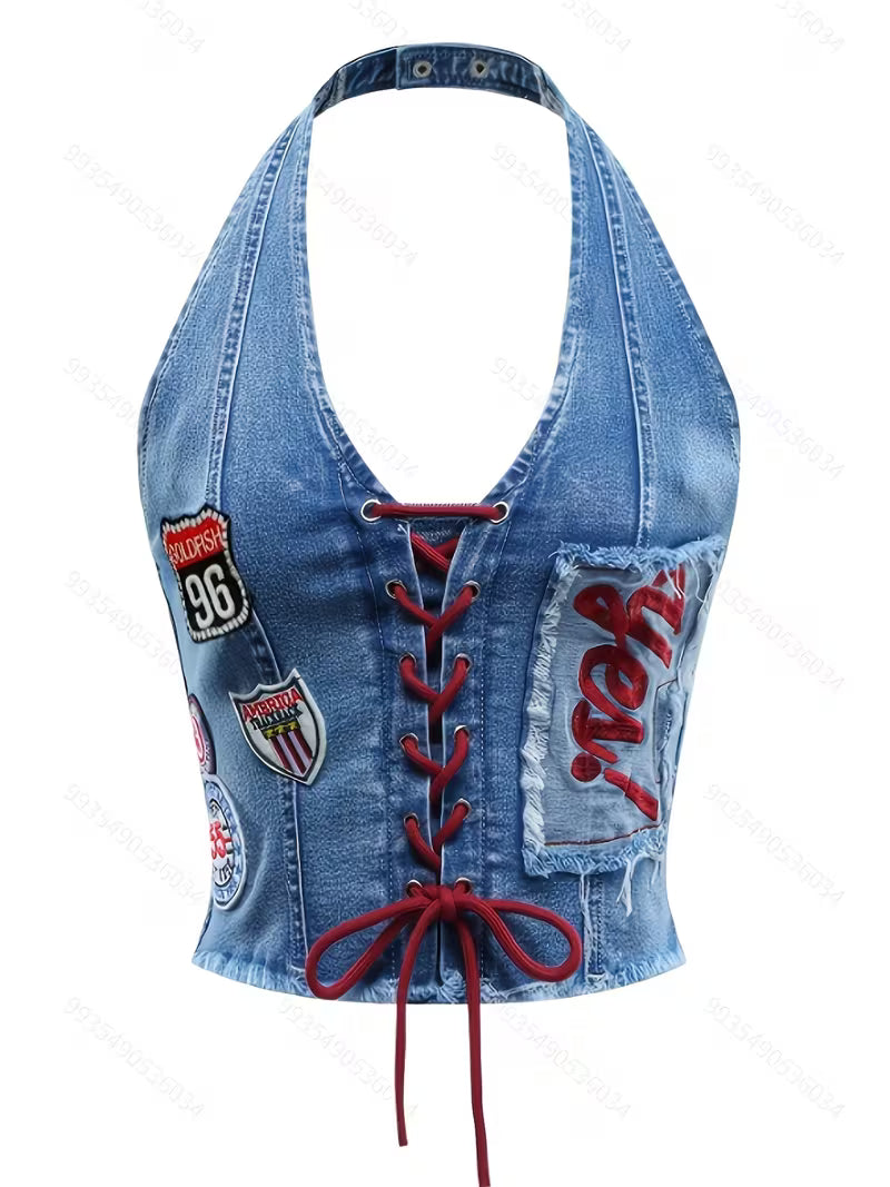 Y2K Denim Halter Top met Geborduurde Patches