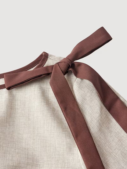 Khaki Blouse met Strik en Wijde Mouwen