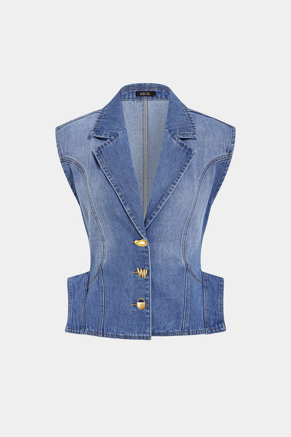 Denim metallic gilet met reverskraag en knoopjes