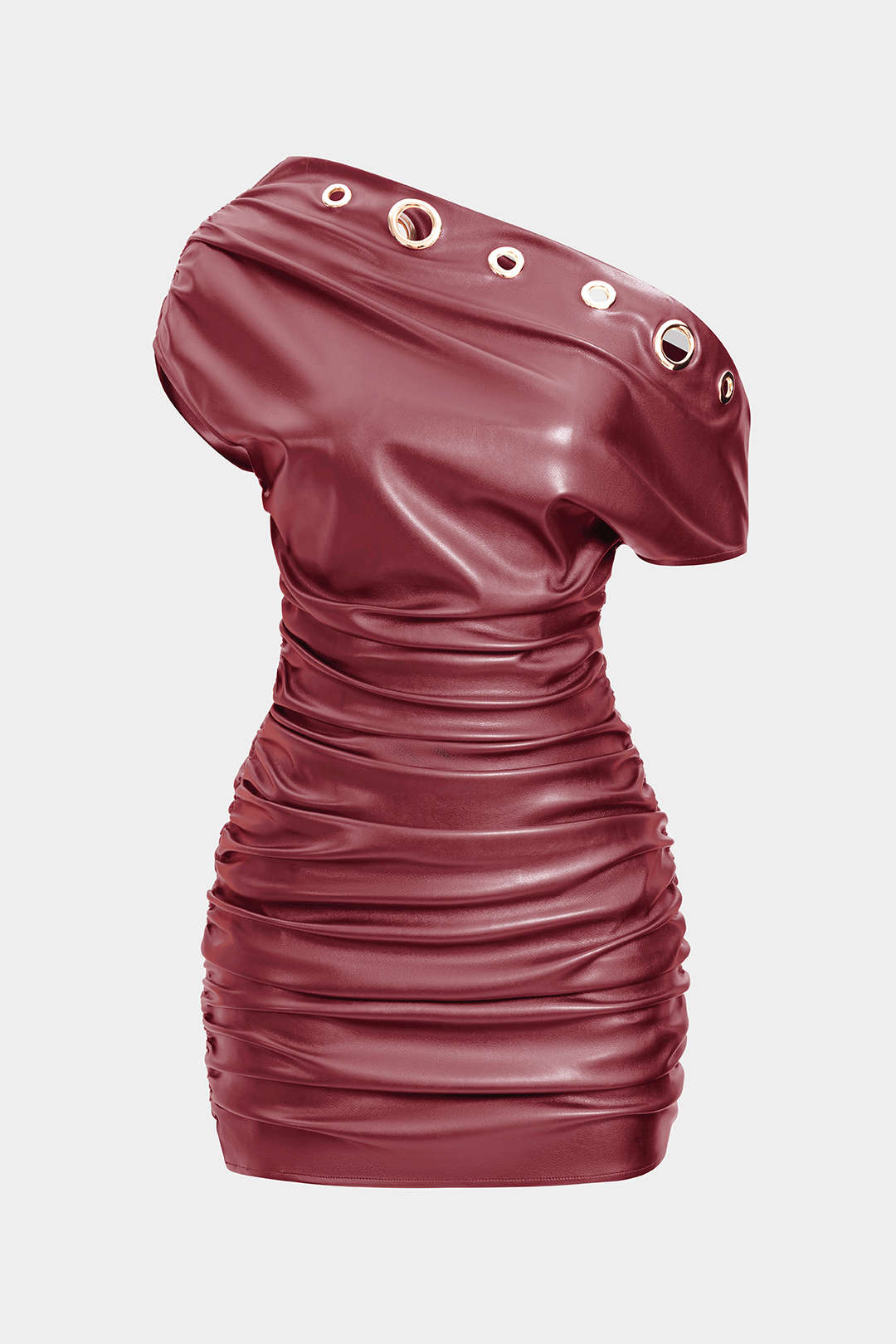 Leren-look metallic minijurk met ruches en één schouder