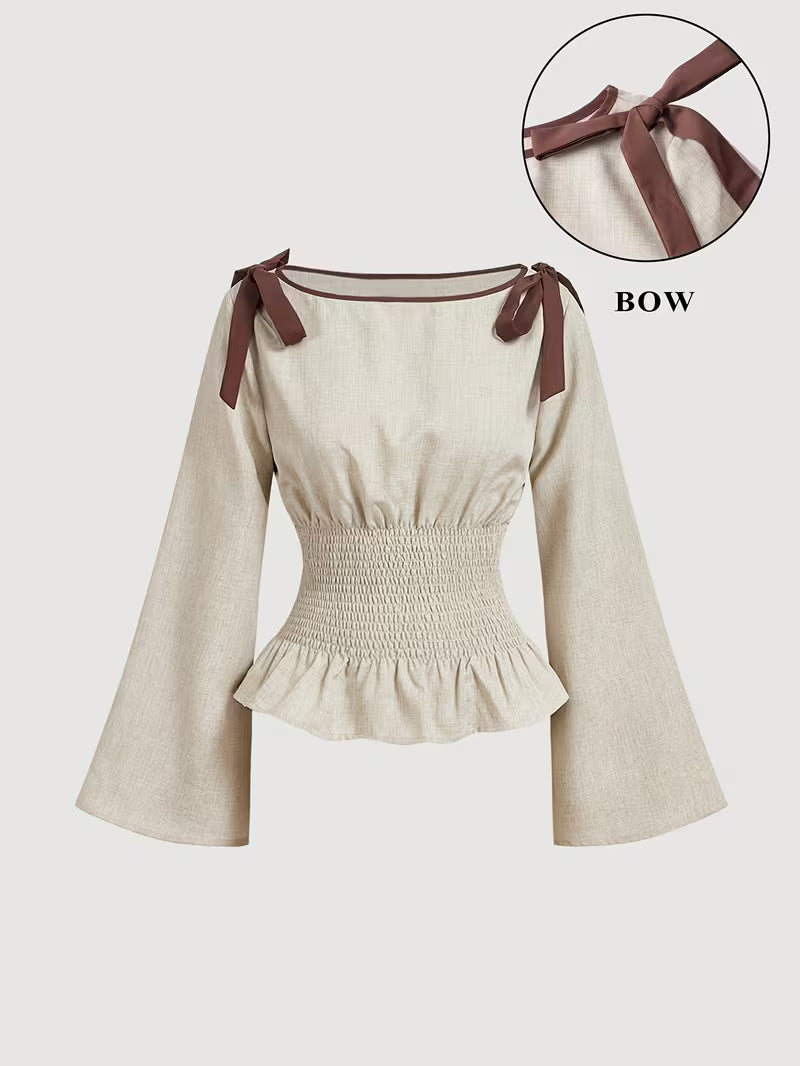Khaki Blouse met Strik en Wijde Mouwen