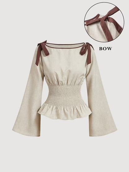Khaki Blouse met Strik en Wijde Mouwen