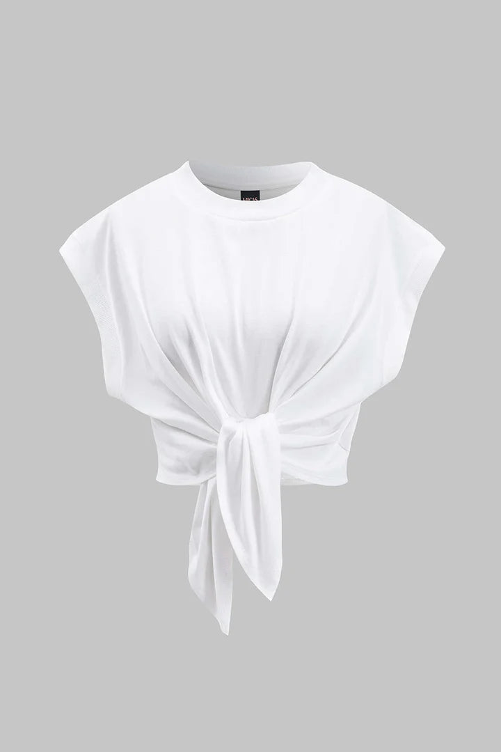 Effen T-shirt met plooien en strik aan de voorkant