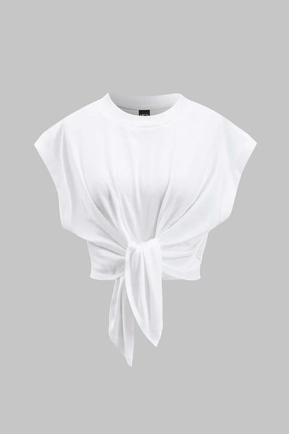 Effen T-shirt met plooien en strik aan de voorkant