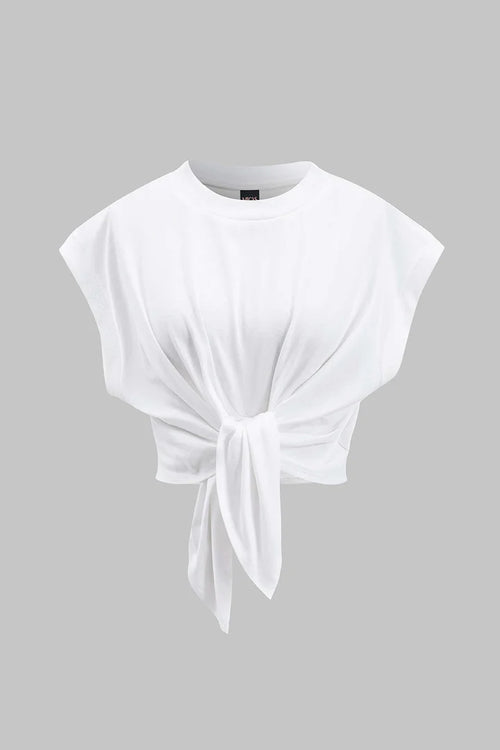 Effen T-shirt met plooien en strik aan de voorkant