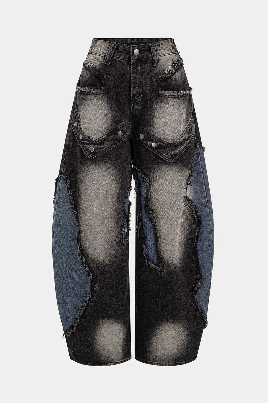 Denim Patchwork Frayed Rivets Straight-Leg Jeans