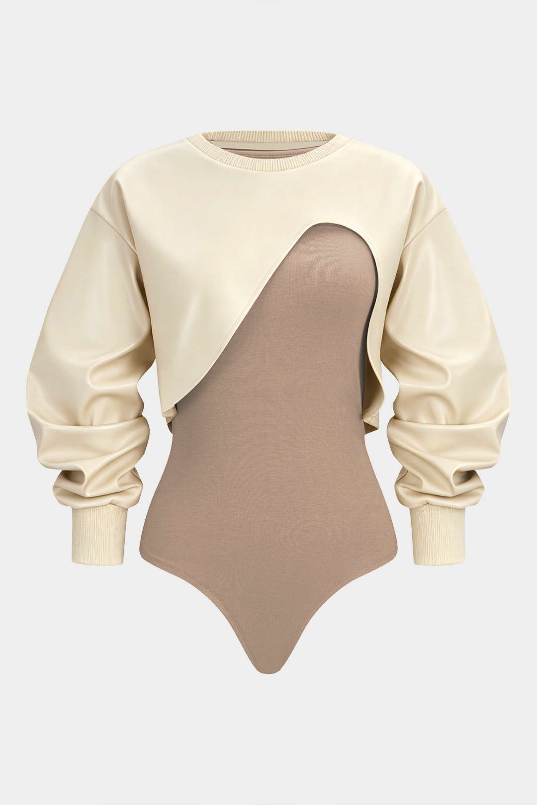 Hailey - Leren-look patchwork body met ronde hals en lange mouwen