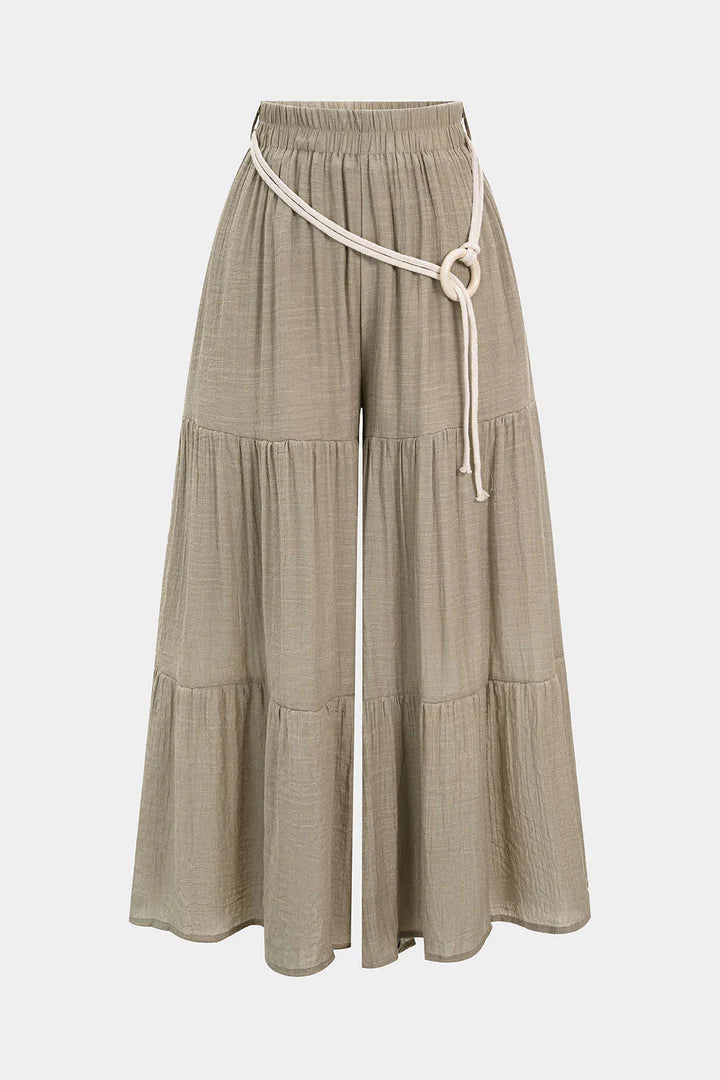 Broek met riem, plooien, hoge taille en wijde pijpen