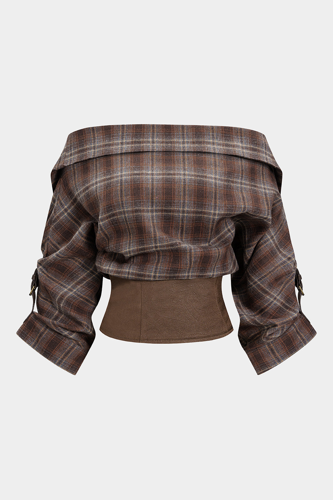 Geruite satijnen blouse met blote schouders en rits