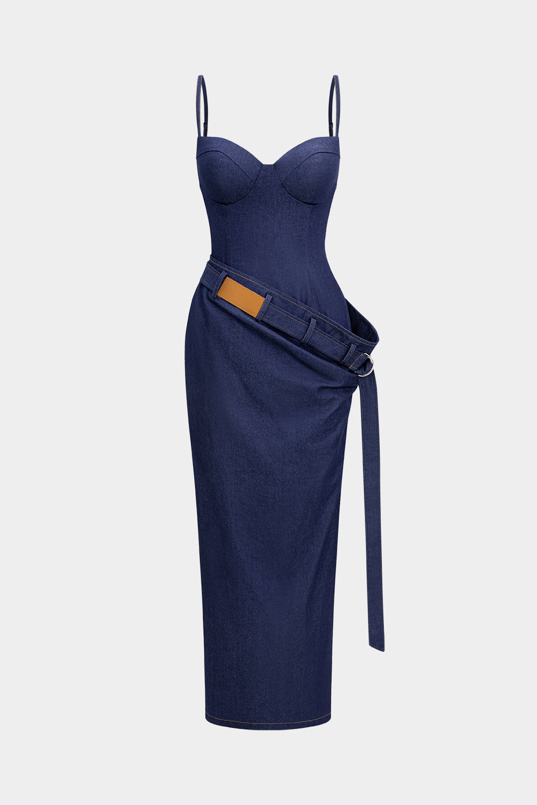 Denim asymmetrische maxijurk met ruches, riem en rits