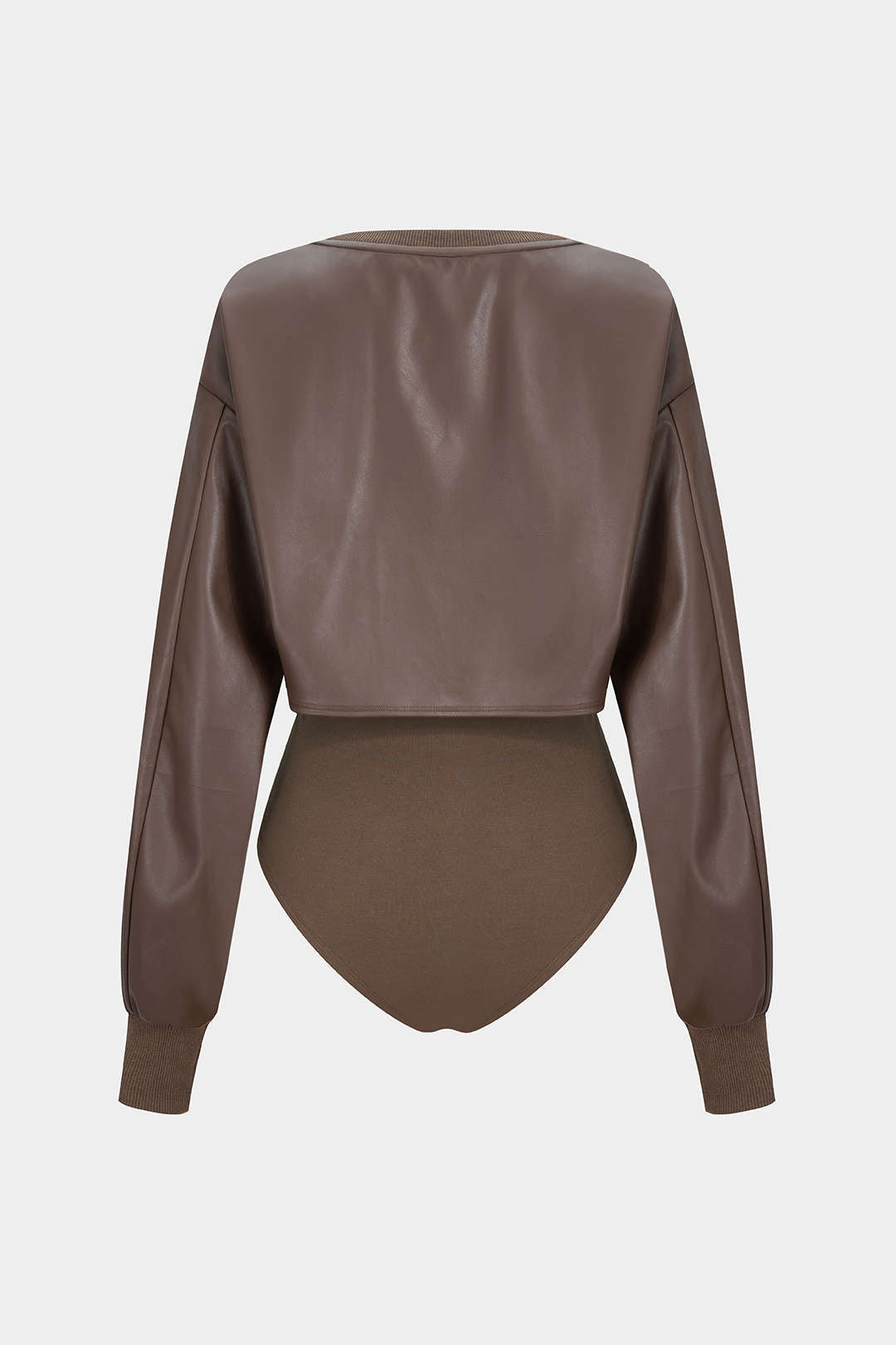 Hailey - Leren-look patchwork body met ronde hals en lange mouwen