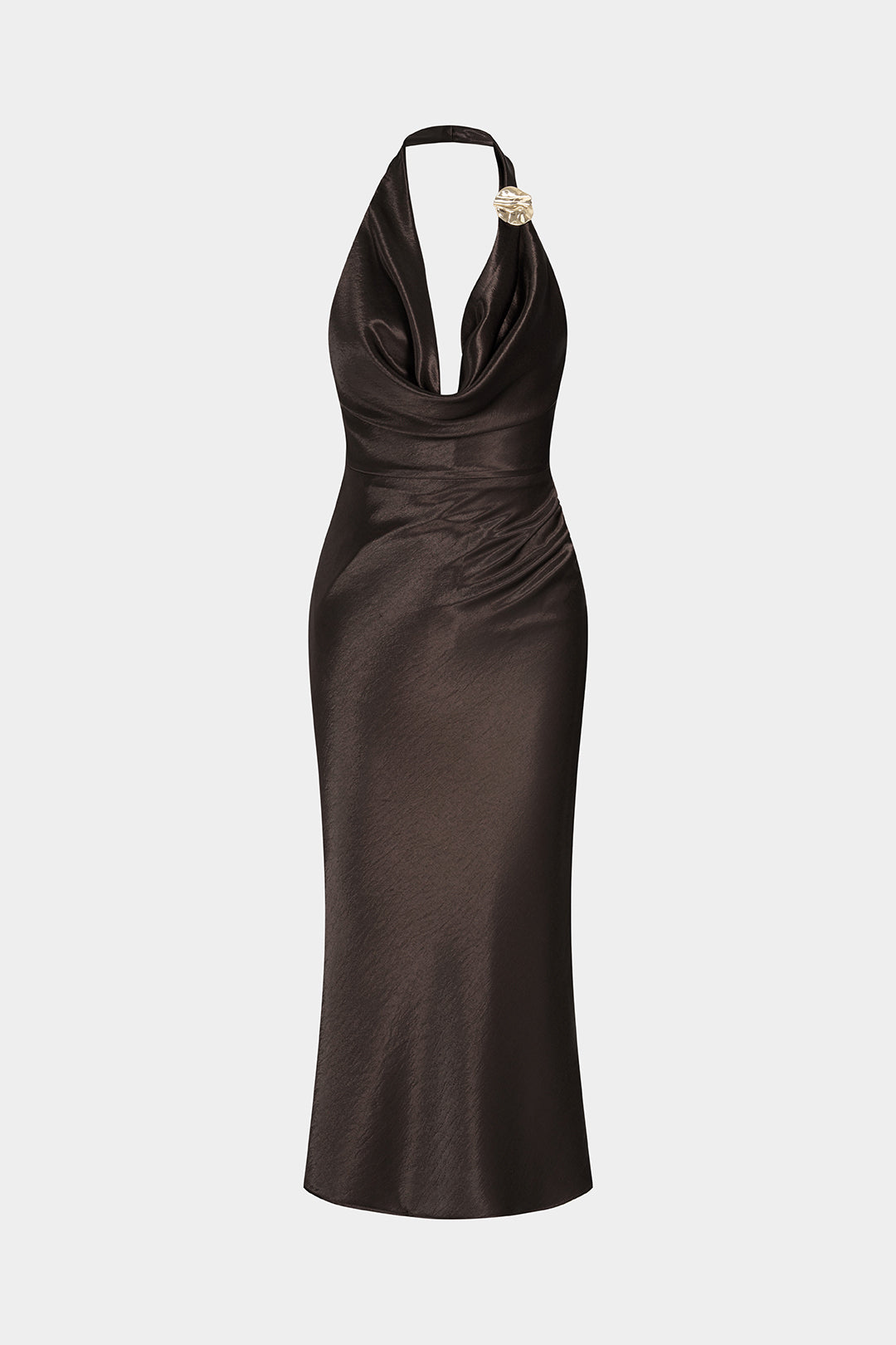 Satijnen metallic midijurk met halternek en drapering