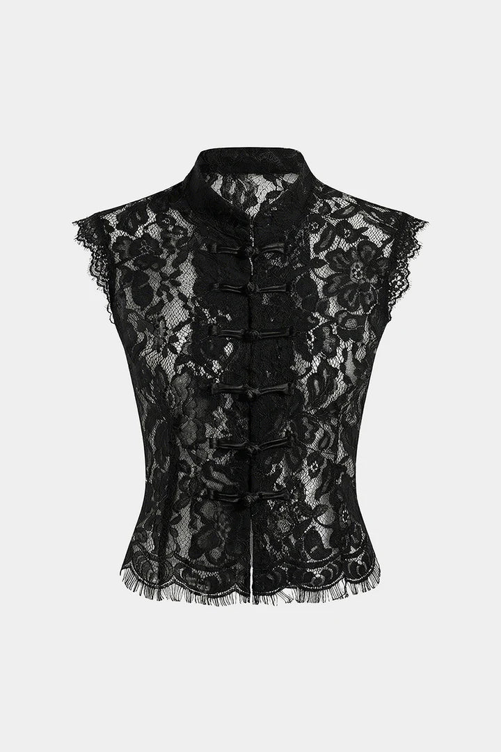 Kanten tanktop met col en knoopsluiting