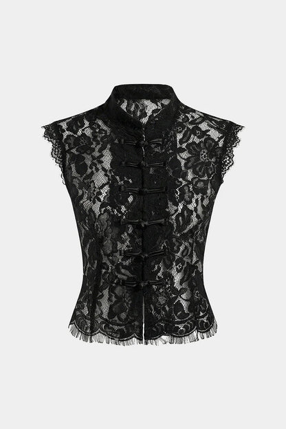 Kanten tanktop met col en knoopsluiting