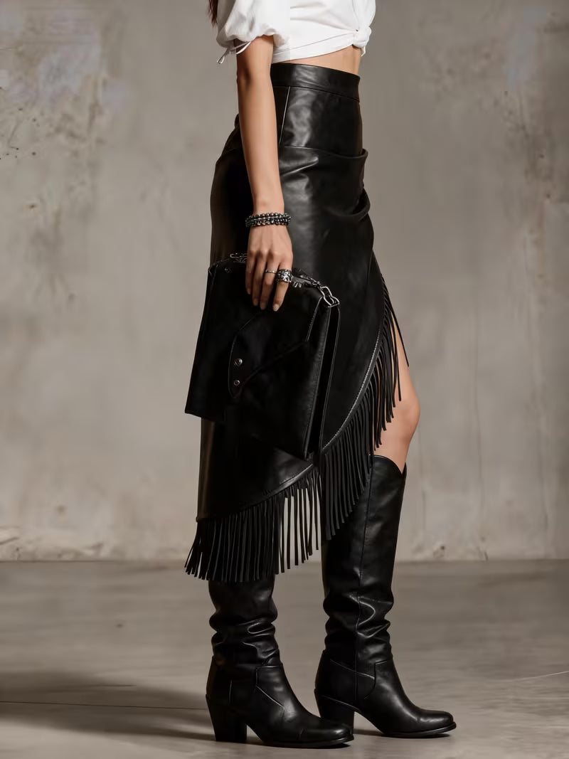 Vintage asymmetrische PU-rok met franjes