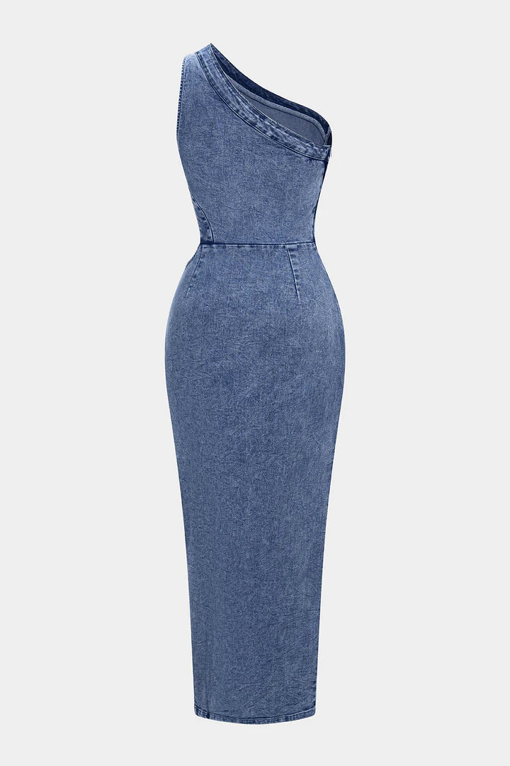 Denim One Shoulder Cut Out Asymmetrical Dress
