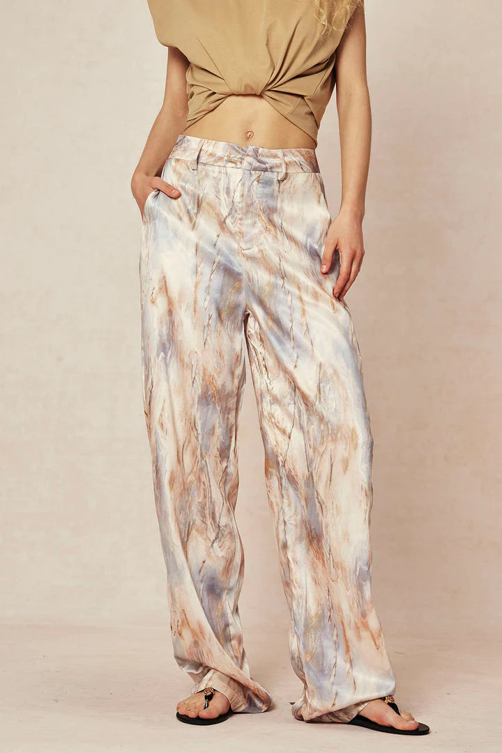 Broek met marmerprint, hoge taille, lange en rechte pijpen