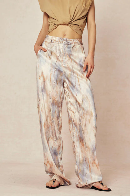 Broek met marmerprint, hoge taille, lange en rechte pijpen