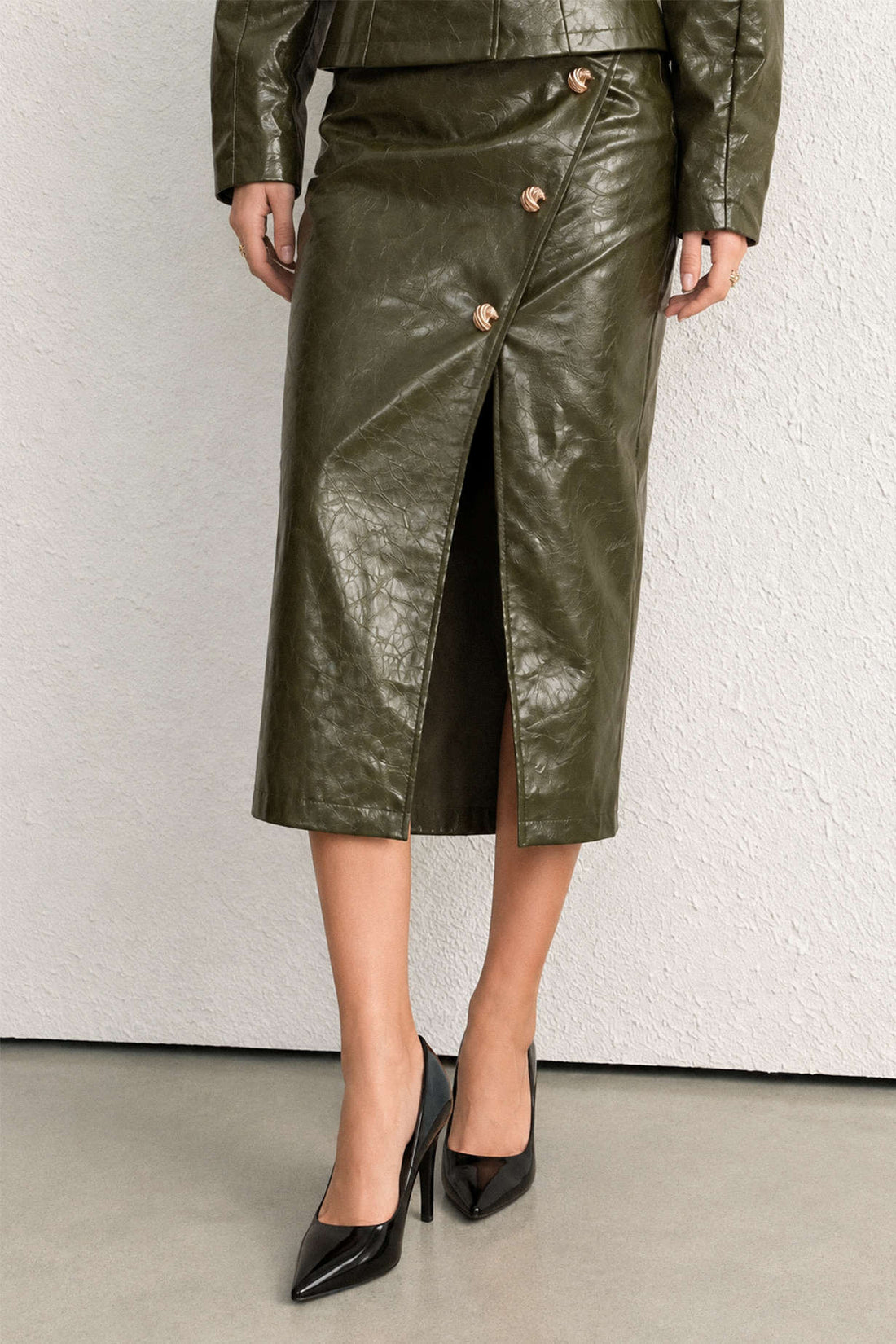 Leren-look metallic rok met split