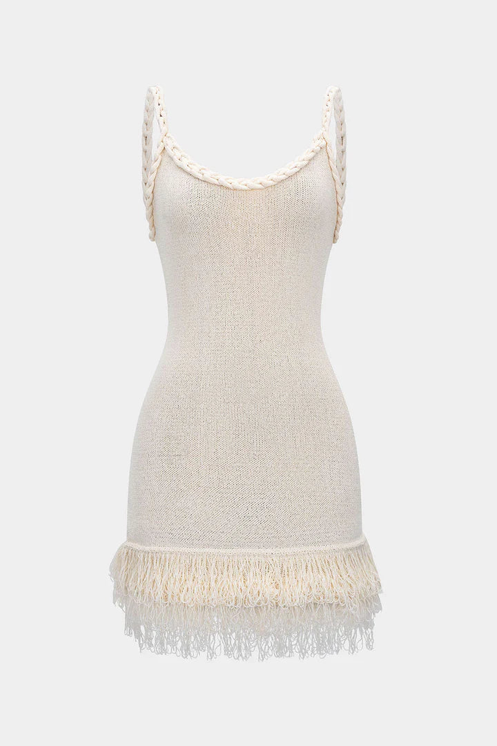 Open Knit Fringe Braided Backless Slip Sleeveless Mini Dress