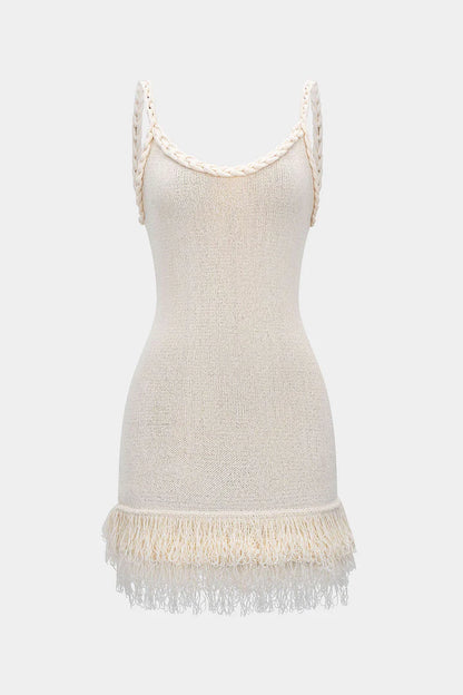 Open Knit Fringe Braided Backless Slip Sleeveless Mini Dress
