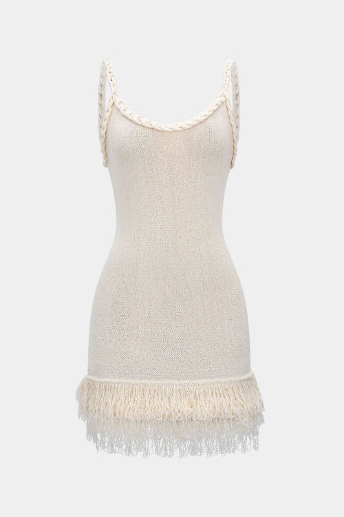 Open Knit Fringe Braided Backless Slip Sleeveless Mini Dress