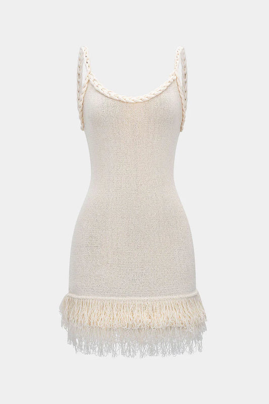 Open Knit Fringe Braided Backless Slip Sleeveless Mini Dress