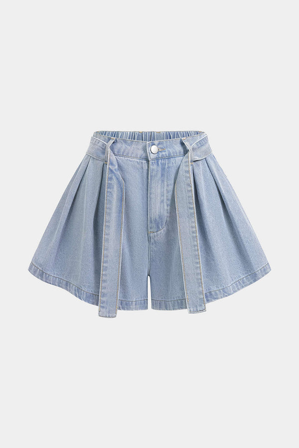 Denim geplooide short met riem, hoge taille en wijde pijpen