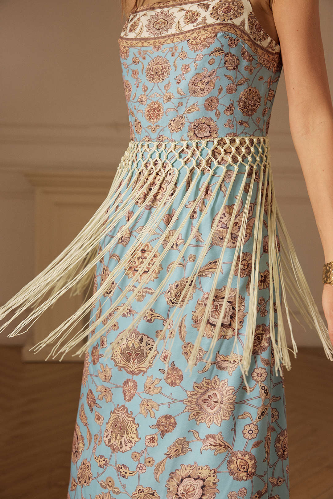 Bloemenprint mouwloze maxijurk met franjes