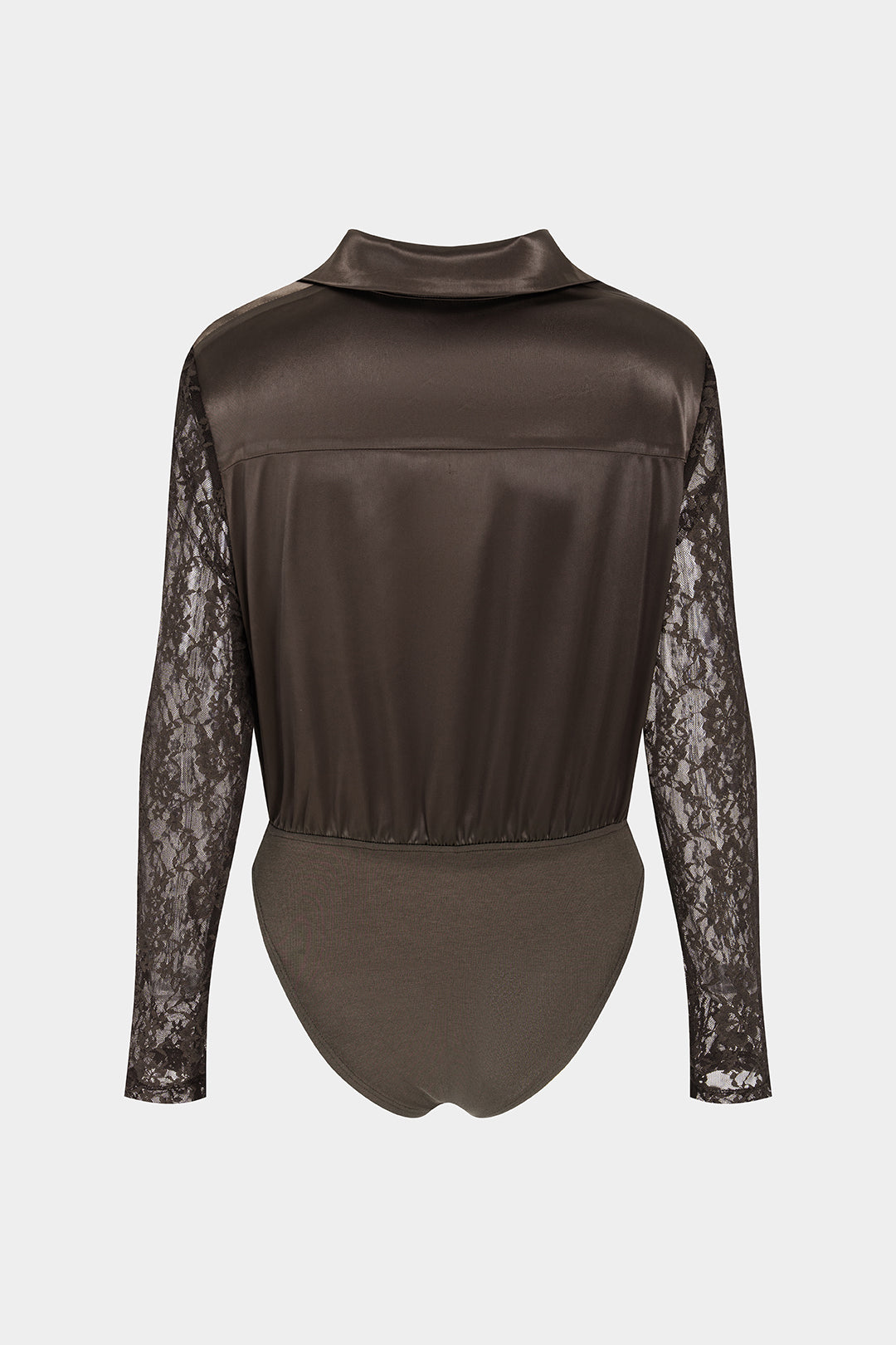 Satijnen patchwork body met kant, drapering en watervalhals