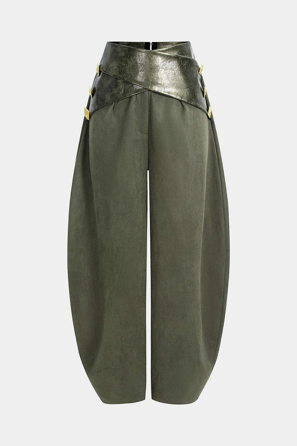 Faye - Leren-look patchwork broek met hoge taille