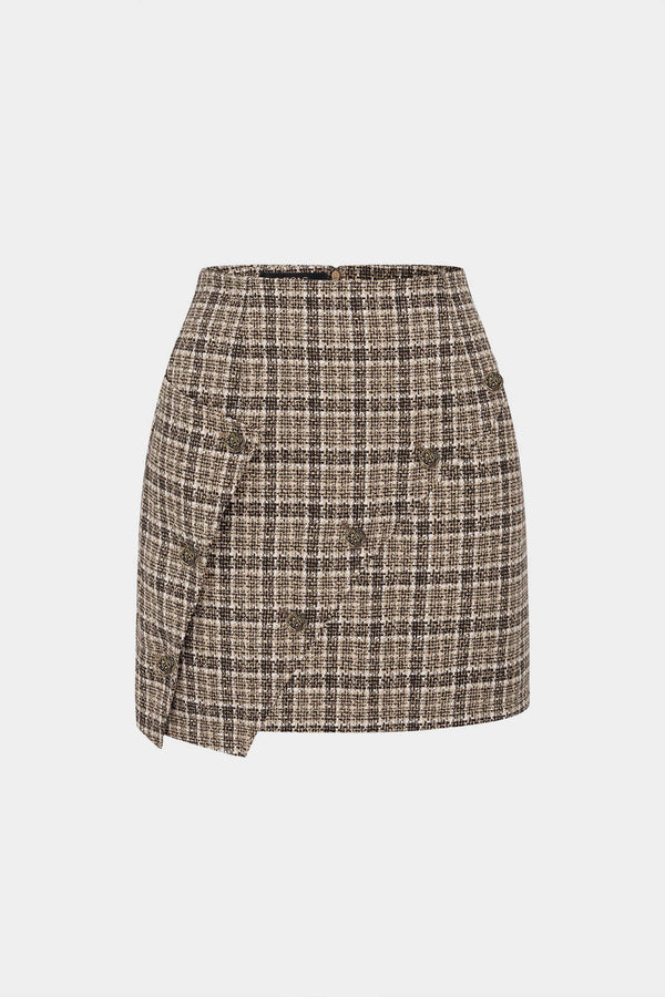 Geruite asymmetrische minirok met hoge taille en knoopjes