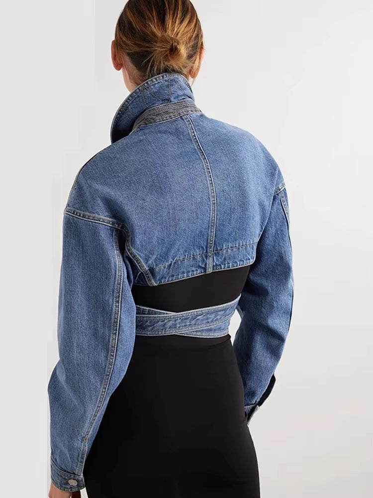 Denim Cropped Blazer met Kanten Taille