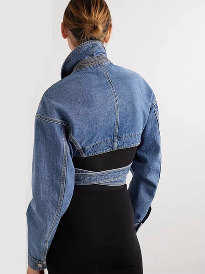 Denim Cropped Blazer met Kanten Taille
