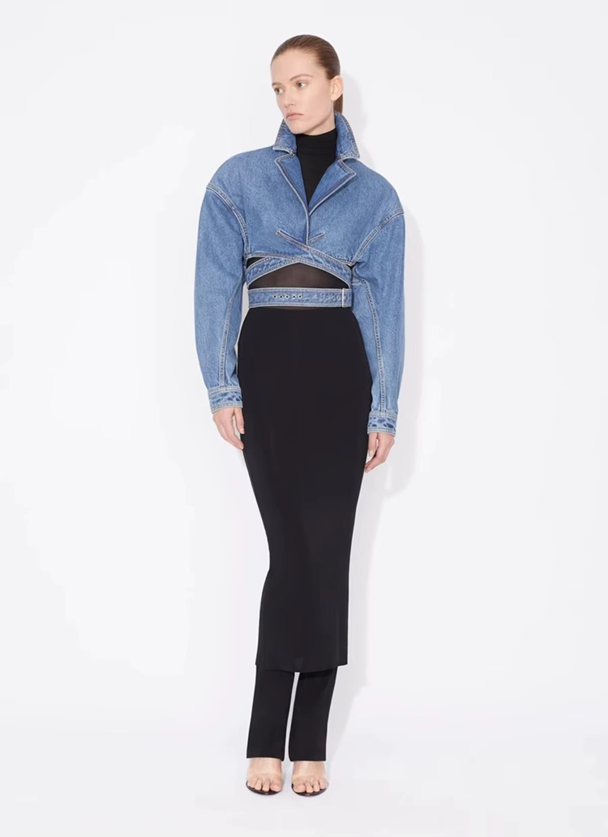 Denim Cropped Blazer met Kanten Taille