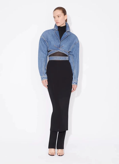 Denim Cropped Blazer met Kanten Taille