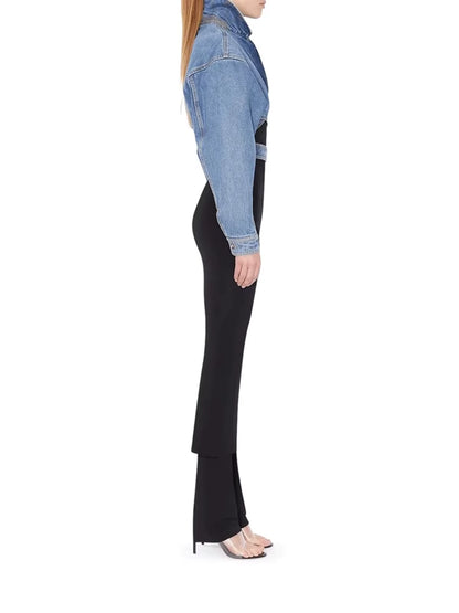 Denim Cropped Blazer met Kanten Taille
