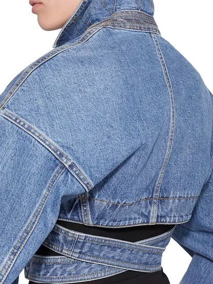 Denim Cropped Blazer met Kanten Taille
