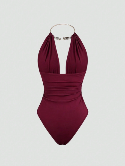 Bodysuit met metallic details, halternek en open rug